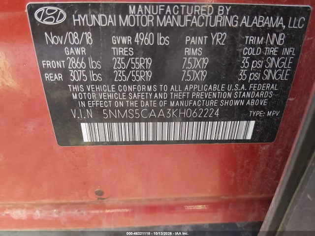 Продажа на аукционе авто 2019 Hyundai Santa Fe Ultimate 2.0t, vin: 5NMS5CAA3KH062224, номер лота: 46321118