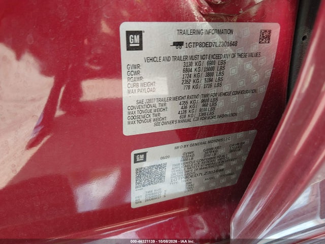 Продаж на аукціоні авто 2020 Gmc Sierra 1500 2wd  Short Box Slt, vin: 1GTP8DED7LZ301648, номер лоту: 46321139