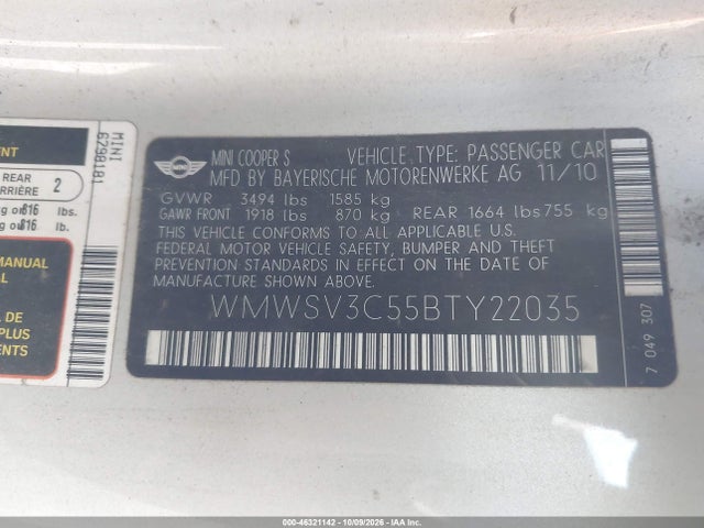 2011 Mini Cooper S მანქანა იყიდება აუქციონზე, vin: WMWSV3C55BTY22035, აუქციონის ნომერი: 46321142