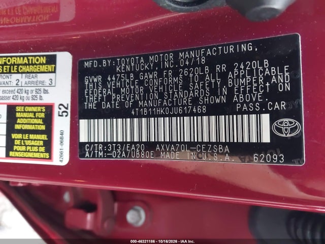 46321186 :رقم المزاد ، 4T1B11HK0JU617468 vin ، 2018 Toyota Camry Se مزاد بيع
