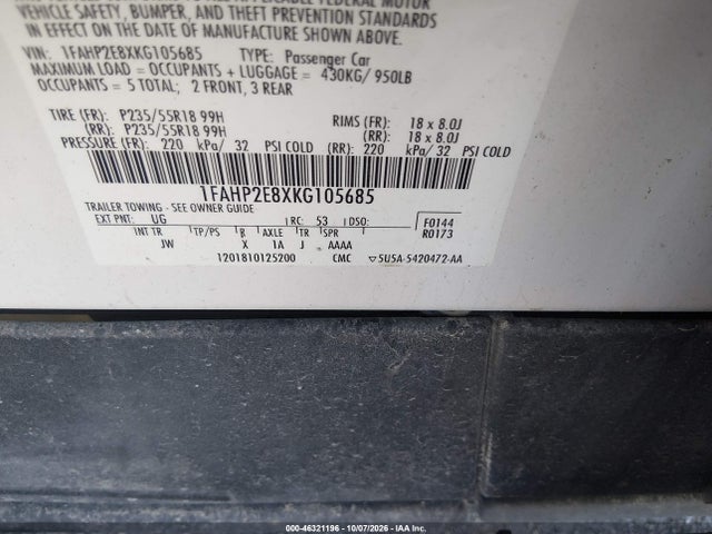 2019 Ford Taurus Sel მანქანა იყიდება აუქციონზე, vin: 1FAHP2E8XKG105685, აუქციონის ნომერი: 46321196
