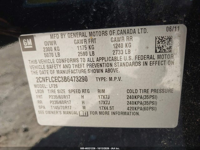 Продажа на аукционе авто 2011 Chevrolet Equinox Ls, vin: 2CNFLCEC3B6473290, номер лота: 46321226