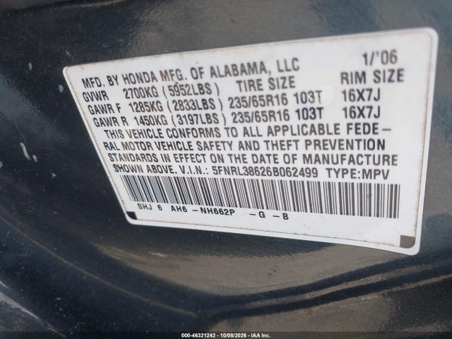 46321242 :رقم المزاد ، 5FNRL38626B062499 vin ، 2006 Honda Odyssey Ex-l مزاد بيع