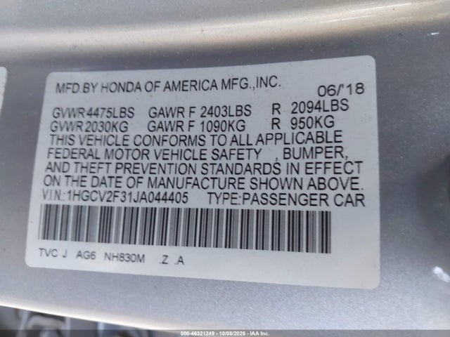 2018 Honda Accord Sport 2.0t მანქანა იყიდება აუქციონზე, vin: 1HGCV2F31JA044405, აუქციონის ნომერი: 46321249