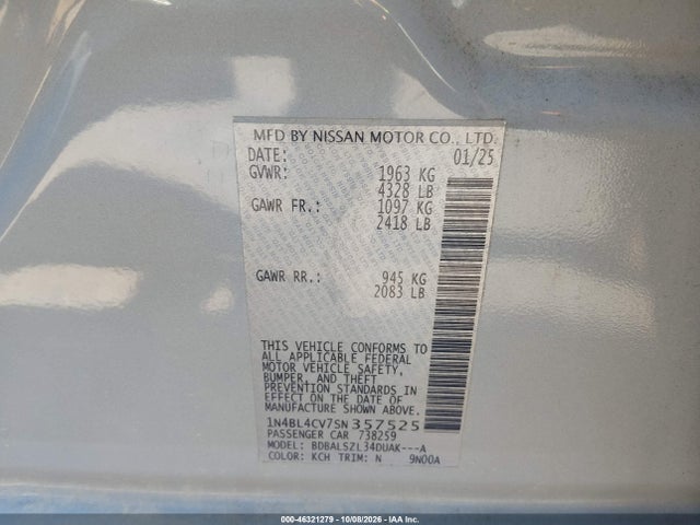 Auction sale of the 2025 Nissan Altima Sr Fwd, vin: 1N4BL4CV7SN357525, lot number: 46321279