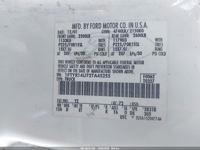 2002 Ford Ranger Edge/tremor/xl/xlt მანქანა იყიდება აუქციონზე, vin: 1FTYR14U72TA45255, აუქციონის ნომერი: 46321289