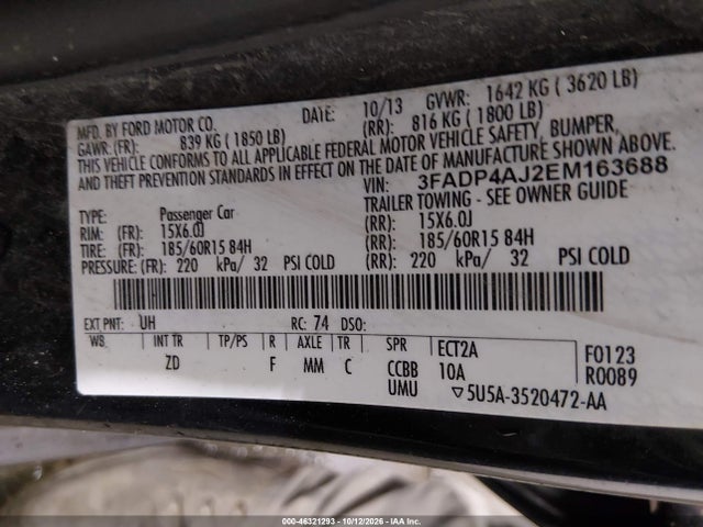 Продаж на аукціоні авто 2014 Ford Fiesta S, vin: 3FADP4AJ2EM163688, номер лоту: 46321293