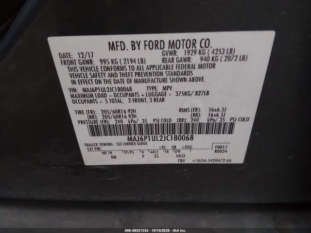 Продажа на аукционе авто 2018 Ford Ecosport Se, vin: MAJ6P1UL2JC180068, номер лота: 46321334