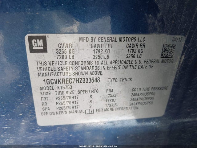 46321339 :رقم المزاد ، 1GCVKREC7HZ333648 vin ، 2017 Chevrolet Silverado 1500 1lt مزاد بيع