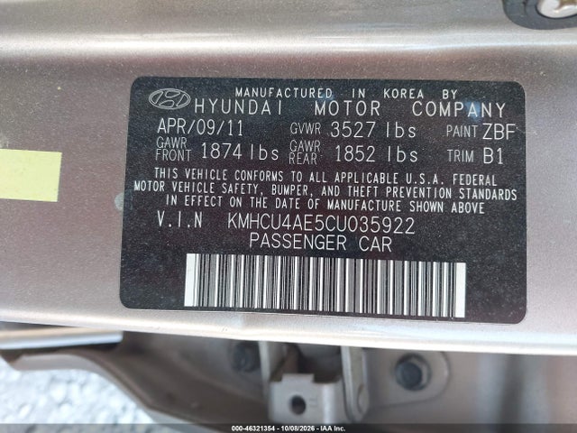 Aukcja sprzedaży 2012 Hyundai Accent Gls, vin: KMHCU4AE5CU035922, numer aukcji: 46321354