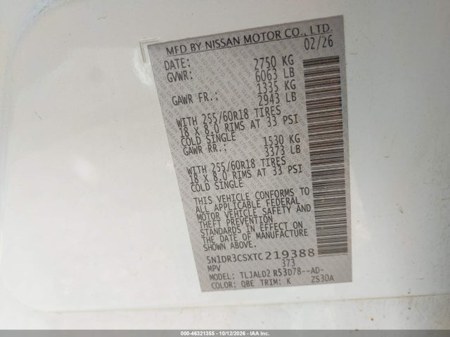 Продаж на аукціоні авто 2026 Nissan Pathfinder Sl, vin: 5N1DR3CSXTC219388, номер лоту: 46321355