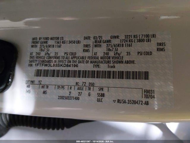 2025 Ford F-150 Xlt მანქანა იყიდება აუქციონზე, vin: 1FTFW3L85SKD84196, აუქციონის ნომერი: 46321367