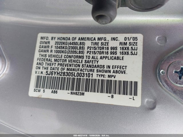 46321416 :رقم المزاد ، 5J6YH28305L003101 vin ، 2005 Honda Element Lx مزاد بيع