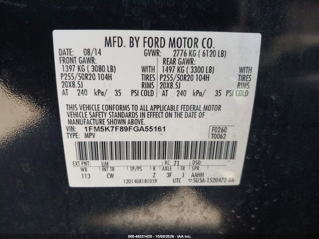 2015 Ford Explorer Limited მანქანა იყიდება აუქციონზე, vin: 1FM5K7F89FGA55161, აუქციონის ნომერი: 46321420