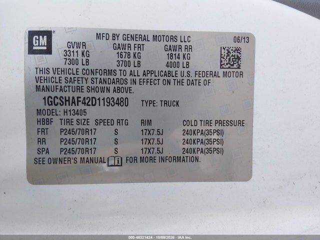 46321424 :رقم المزاد ، 1GCSHAF42D1193480 vin ، 2013 Chevrolet Express 1500 Work Van مزاد بيع