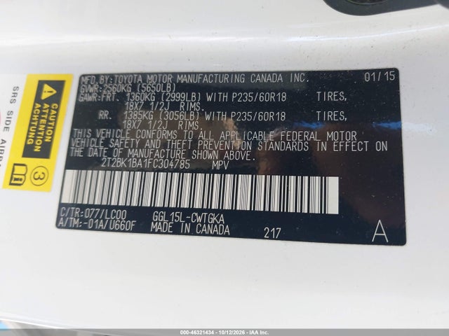 46321434 :رقم المزاد ، 2T2BK1BA1FC304785 vin ، 2015 Lexus Rx 350 مزاد بيع