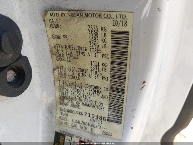 Aukcja sprzedaży 2019 Nissan Frontier Sv, vin: 1N6DD0CU4KN719386, numer aukcji: 46321513