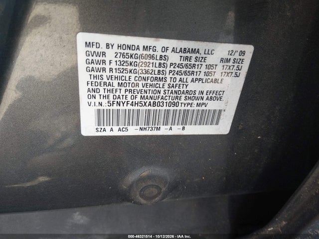 2010 Honda Pilot Ex-l მანქანა იყიდება აუქციონზე, vin: 5FNYF4H5XAB031090, აუქციონის ნომერი: 46321514