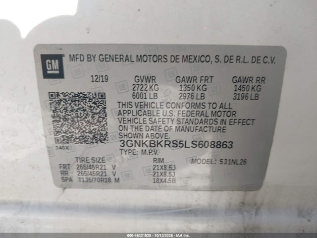46321525 :رقم المزاد ، 3GNKBKRS5LS608863 vin ، 2020 Chevrolet Blazer Awd Rs مزاد بيع