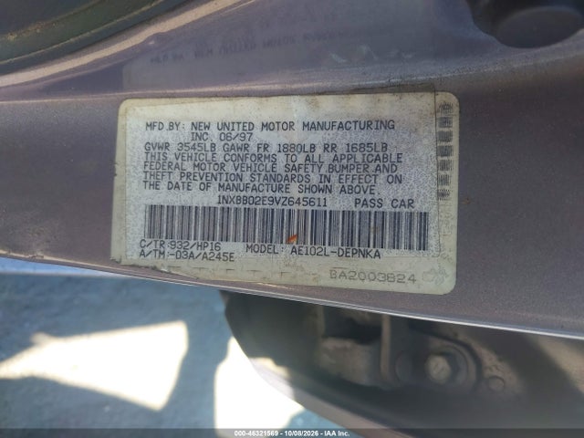 Aukcja sprzedaży 1997 Toyota Corolla Dx, vin: 1NXBB02E9VZ645611, numer aukcji: 46321569