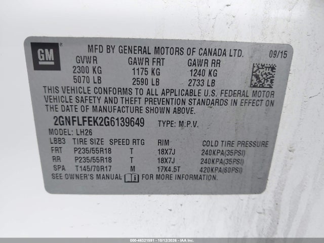 Aukcja sprzedaży 2016 Chevrolet Equinox Lt, vin: 2GNFLFEK2G6139649, numer aukcji: 46321591