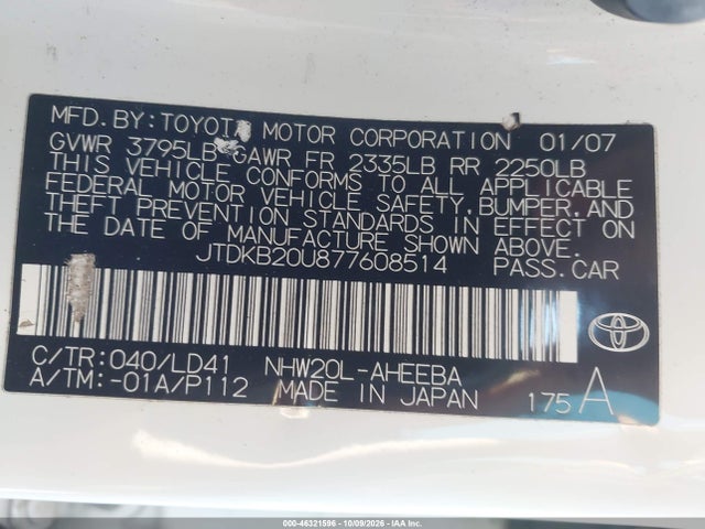 Aukcja sprzedaży 2007 Toyota Prius, vin: JTDKB20U877608514, numer aukcji: 46321596