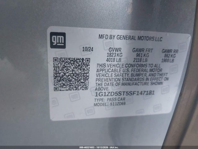 Aukcja sprzedaży 2025 Chevrolet Malibu Fwd 1lt, vin: 1G1ZD5ST5SF147181, numer aukcji: 46321653