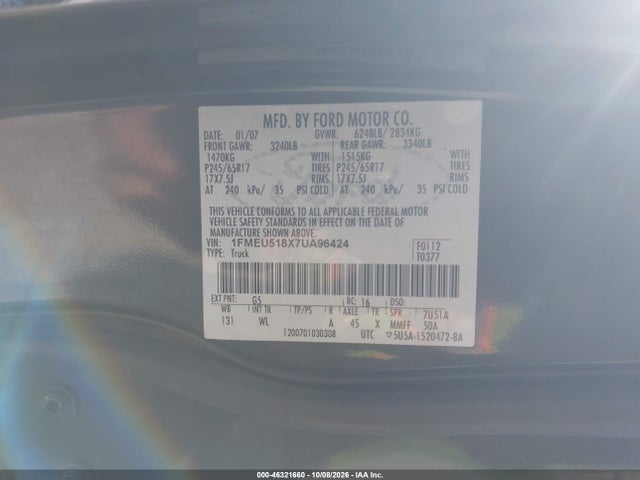 2007 Ford Explorer Sport Trac Xlt მანქანა იყიდება აუქციონზე, vin: 1FMEU518X7UA96424, აუქციონის ნომერი: 46321660