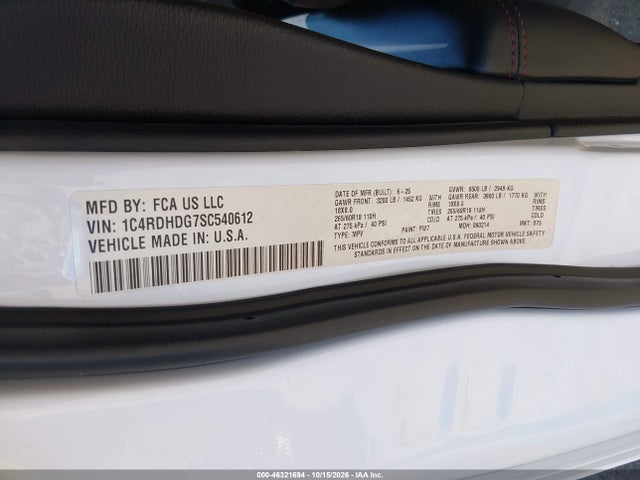 Продаж на аукціоні авто 2025 Dodge Durango Gt Rwd, vin: 1C4RDHDG7SC540612, номер лоту: 46321694