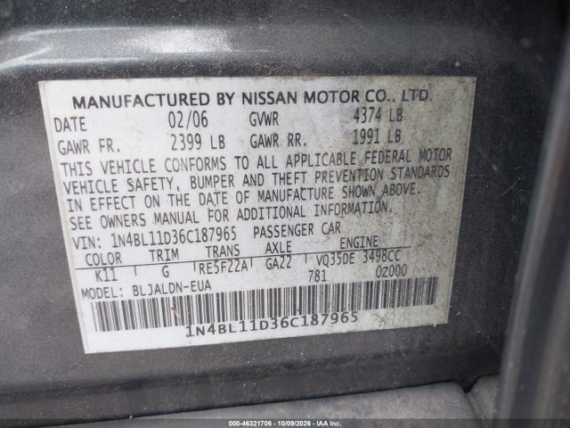 2006 Nissan Altima 3.5 Sl მანქანა იყიდება აუქციონზე, vin: 1N4BL11D36C187965, აუქციონის ნომერი: 46321706