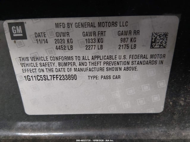 Продаж на аукціоні авто 2015 Chevrolet Malibu 1lt, vin: 1G11C5SL7FF233890, номер лоту: 46321725