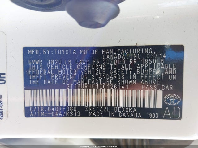 46321751 :رقم المزاد ، 2T1BURHE1EC126141 vin ، 2014 Toyota Corolla S Plus مزاد بيع