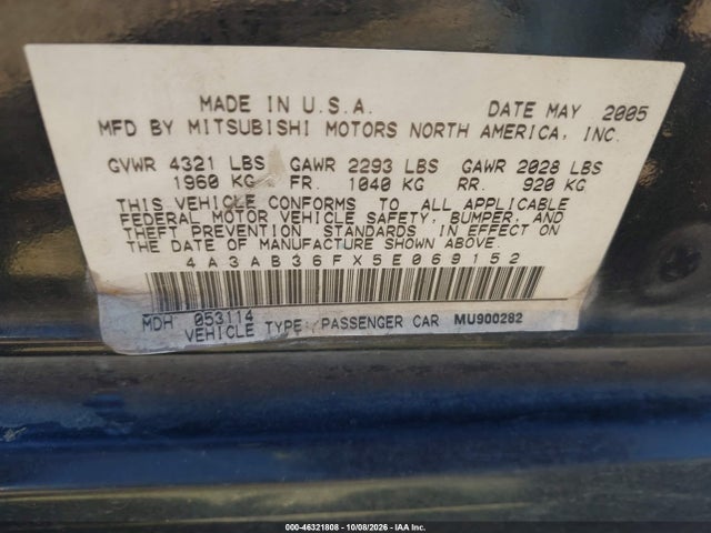 Aukcja sprzedaży 2005 Mitsubishi Galant Es/se, vin: 4A3AB36FX5E069152, numer aukcji: 46321808