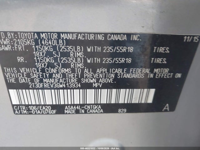 Toyota Rav4 Limited 2016 2T3DFREV3GW413934 Image 9