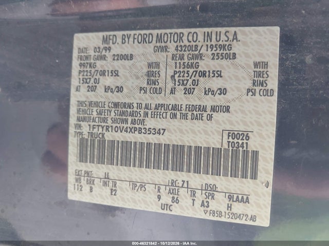 1999 Ford Ranger Xl/xlt მანქანა იყიდება აუქციონზე, vin: 1FTYR10V4XPB35347, აუქციონის ნომერი: 46321842