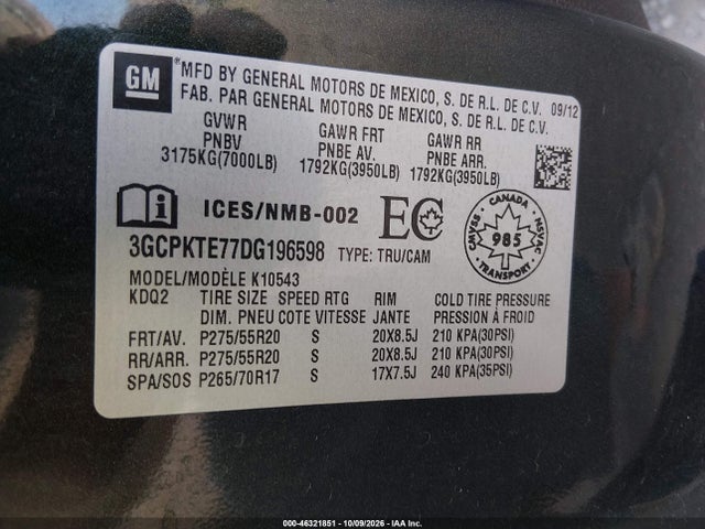 46321851 :رقم المزاد ، 3GCPKTE77DG196598 vin ، 2013 Chevrolet Silverado 1500 Ltz مزاد بيع