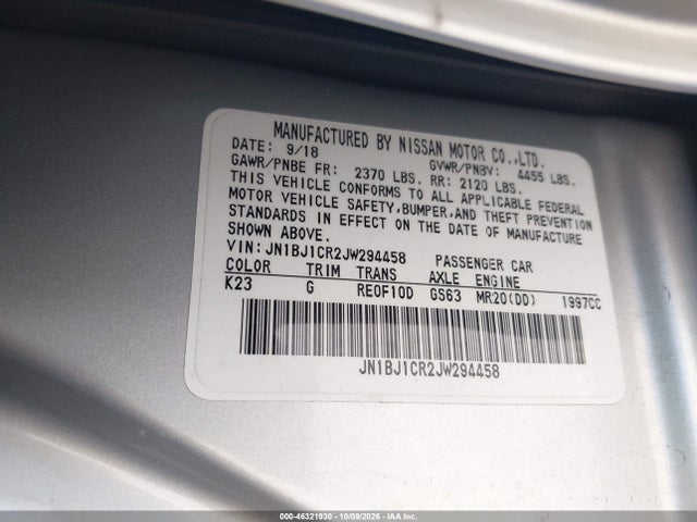 2018 Nissan Rogue Sport S მანქანა იყიდება აუქციონზე, vin: JN1BJ1CR2JW294458, აუქციონის ნომერი: 46321930