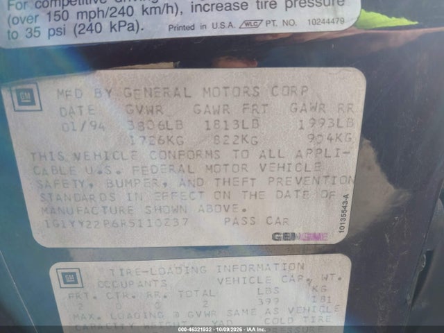 46321932 :رقم المزاد ، 1G1YY22P6R5110237 vin ، 1994 Chevrolet Corvette مزاد بيع