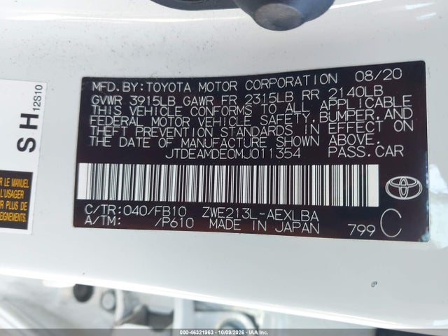 Продаж на аукціоні авто 2021 Toyota Corolla Hybrid Le, vin: JTDEAMDE0MJ011354, номер лоту: 46321963