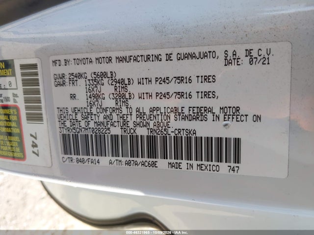 Продаж на аукціоні авто 2021 Toyota Tacoma Sr, vin: 3TYRX5GN7MT028225, номер лоту: 46321965