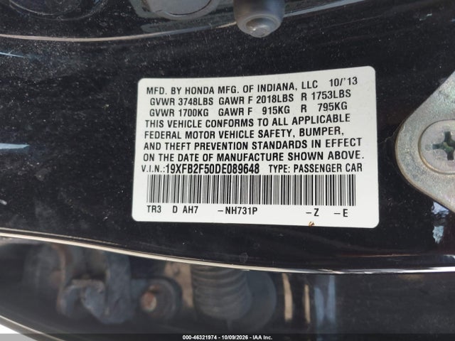 46321974 :رقم المزاد ، 19XFB2F50DE089648 vin ، 2013 Honda Civic Lx مزاد بيع