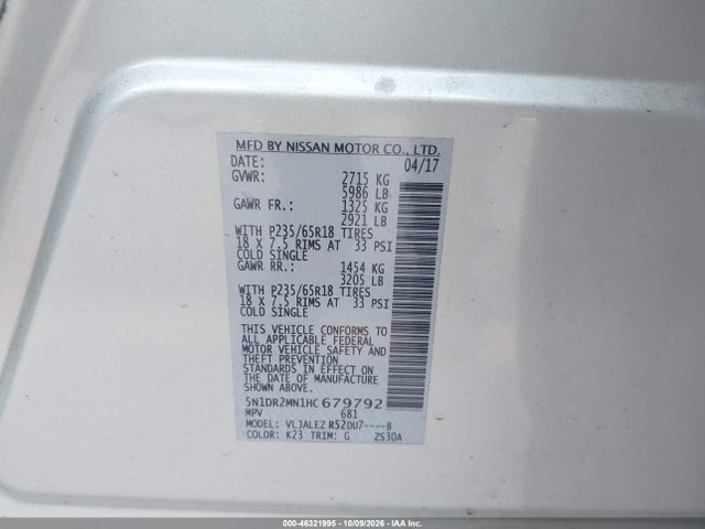 5N1DR2MN1HC679792 Nissan Pathfinder Sv