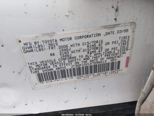 Продажа на аукционе авто 1999 Toyota Rav4, vin: JT3GP10V1X7056613, номер лота: 46322033