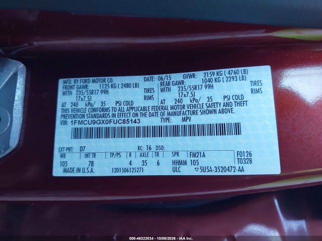 Aukcja sprzedaży 2015 Ford Escape Se, vin: 1FMCU9GX0FUC85143, numer aukcji: 46322034