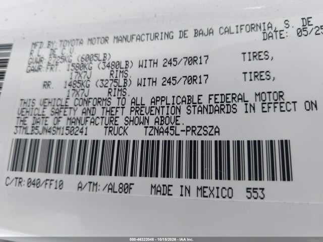 Продаж на аукціоні авто 2025 Toyota Tacoma Sr5, vin: 3TMLB5JN4SM150241, номер лоту: 46322048