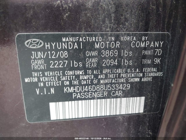 46322146 :رقم المزاد ، KMHDU46D88U533429 vin ، 2008 Hyundai Elantra Gls/se مزاد بيع