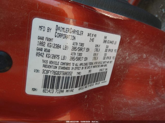 2003 Chrysler Pt Cruiser Gt მანქანა იყიდება აუქციონზე, vin: 3C8FY78G83T608352, აუქციონის ნომერი: 46322199