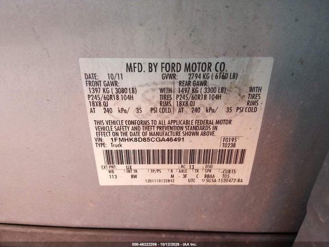 Продаж на аукціоні авто 2012 Ford Explorer Xlt, vin: 1FMHK8D85CGA46491, номер лоту: 46322206