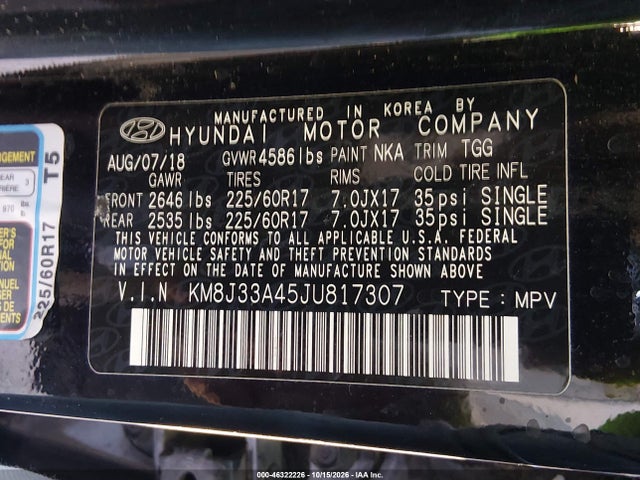 Aukcja sprzedaży 2018 Hyundai Tucson Sel, vin: KM8J33A45JU817307, numer aukcji: 46322226