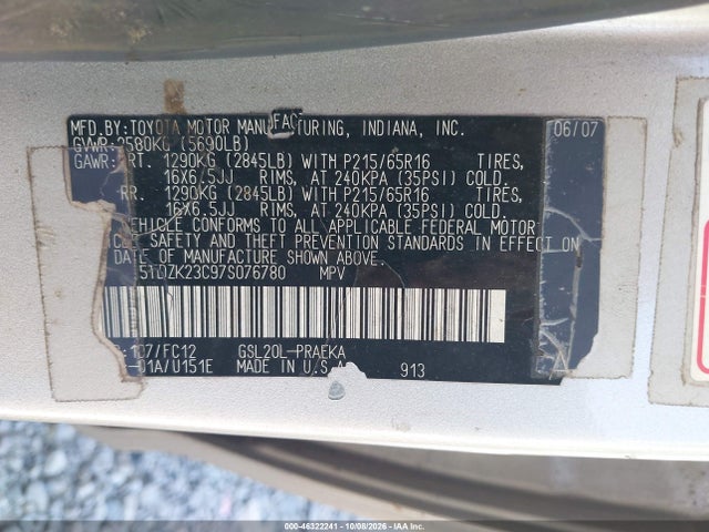 Aukcja sprzedaży 2007 Toyota Sienna Le, vin: 5TDZK23C97S076780, numer aukcji: 46322241